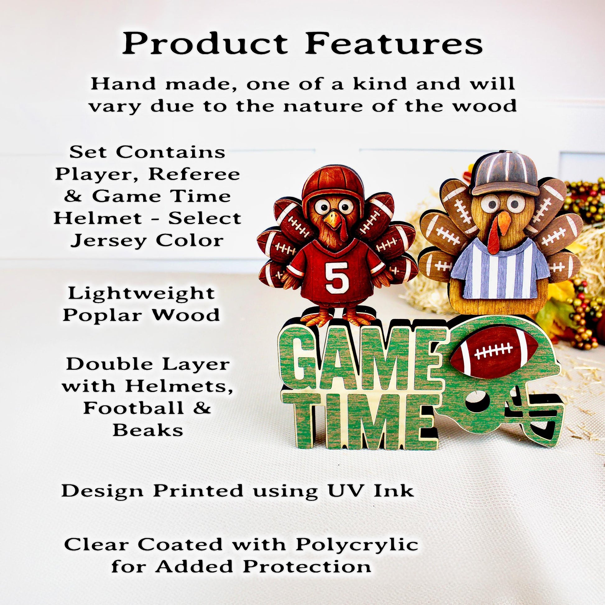 Football Turkey Shelf Sitter Set – “Game Time” Sign, Player & Referee, Personalized Jersey, Multi-Layered , a Touchdown of Team Spirit