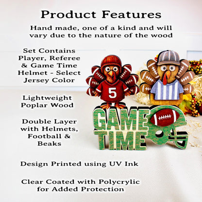 Football Turkey Shelf Sitter Set – “Game Time” Sign, Player & Referee, Personalized Jersey, Multi-Layered , a Touchdown of Team Spirit