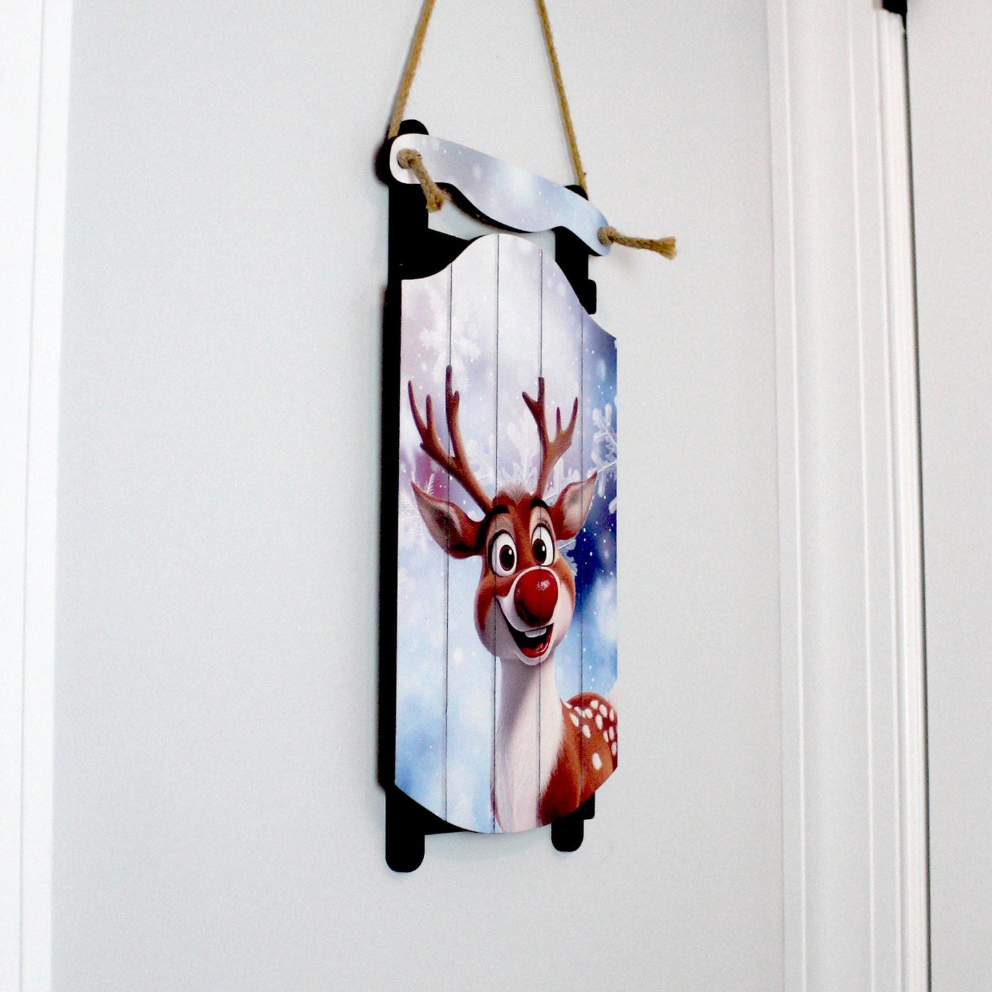Rudolph Sled Wall Hanging – Personalize Red-Nosed Reindeer Sign for Storybook Holiday Cheer. Little Eyes Will Light Up When They See Rudolph
