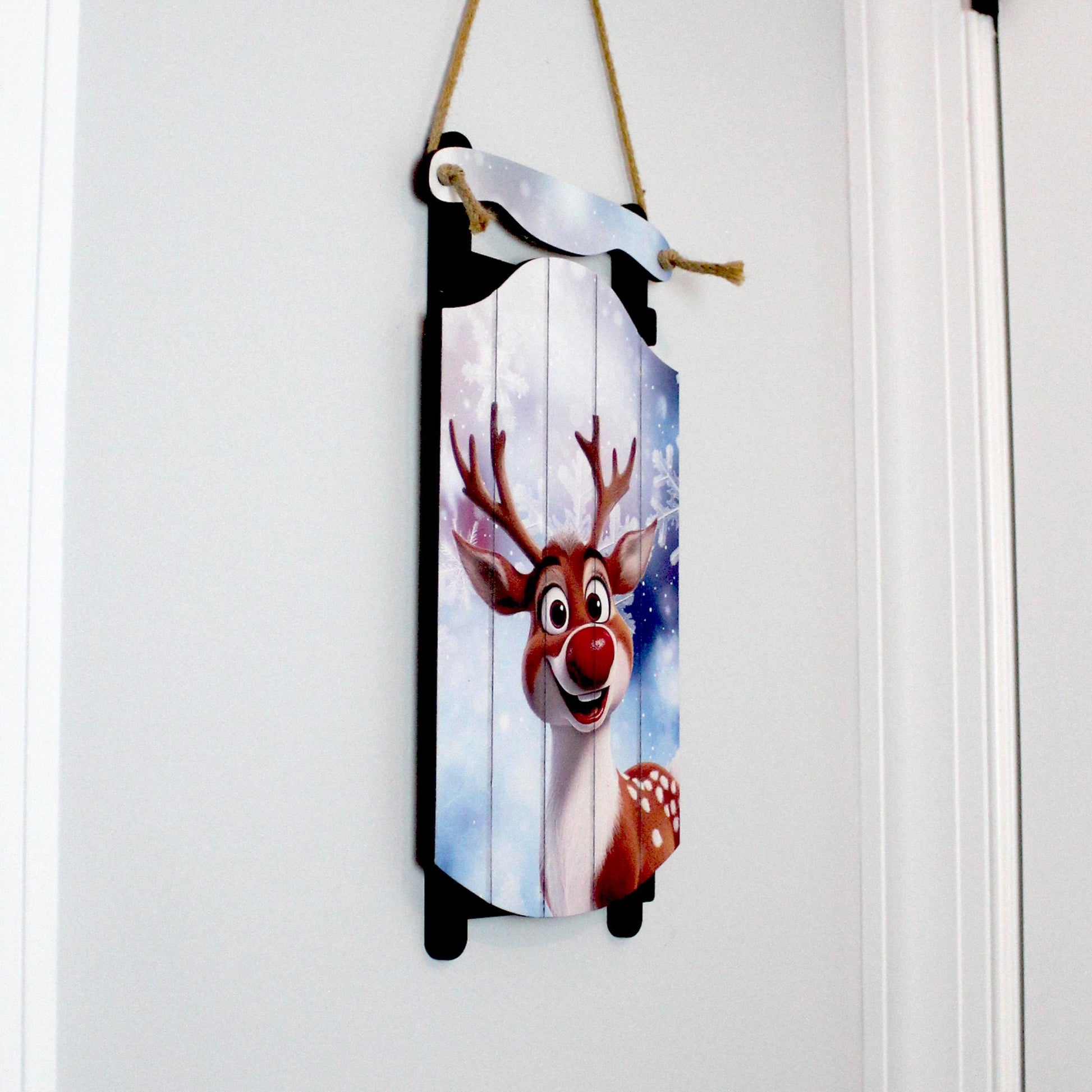 Rudolph Sled Wall Hanging – Personalize Red-Nosed Reindeer Sign for Storybook Holiday Cheer. Little Eyes Will Light Up When They See Rudolph