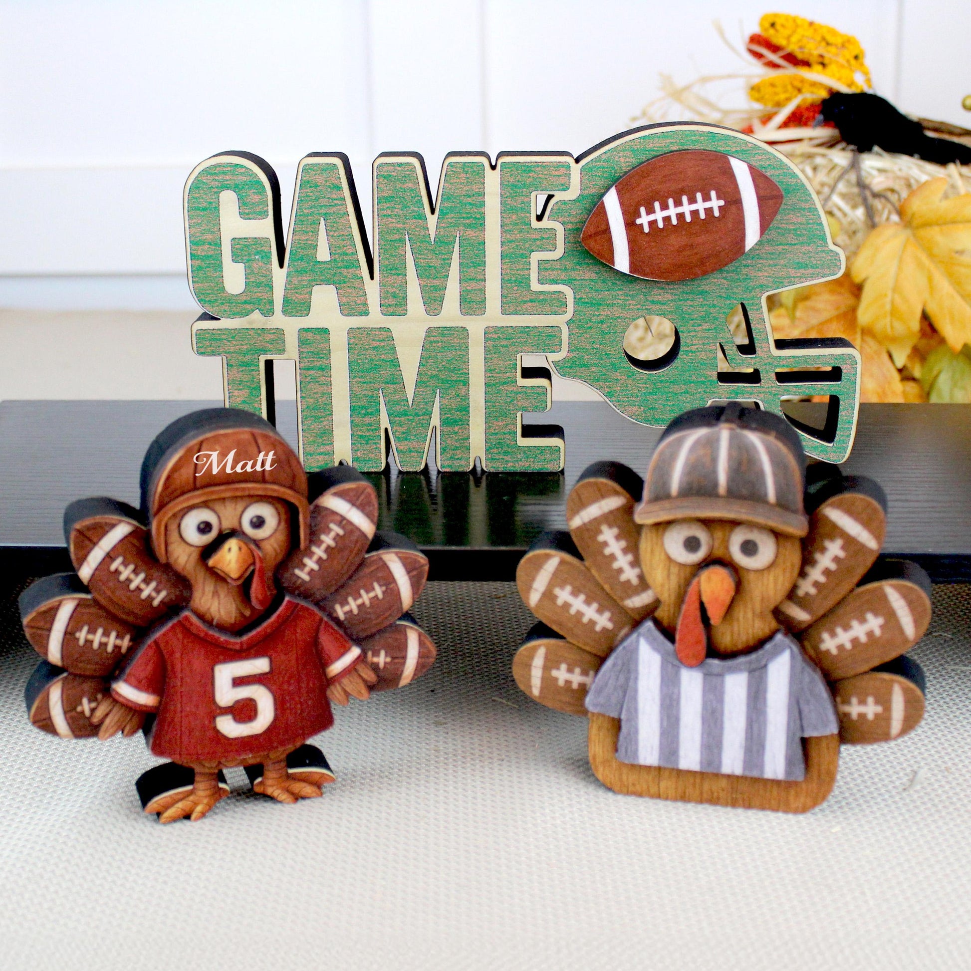 Football Turkey Shelf Sitter Set – “Game Time” Sign, Player & Referee, Personalized Jersey, Multi-Layered , a Touchdown of Team Spirit