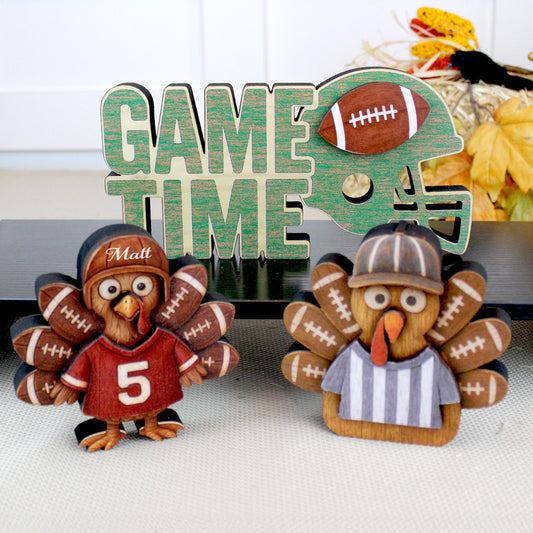 Football Turkey Shelf Sitter Set – “Game Time” Sign, Player & Referee, Personalized Jersey, Multi-Layered , a Touchdown of Team Spirit