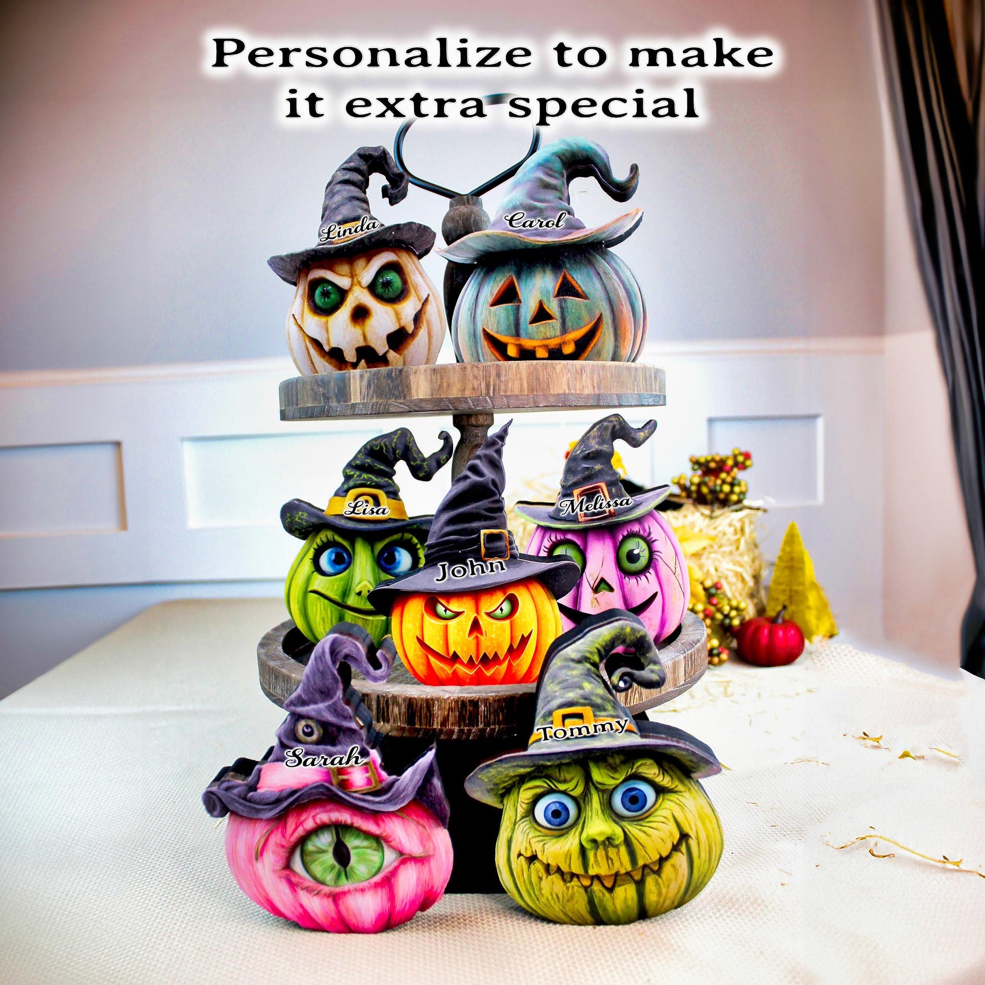 Witch Hats and Pumpkins Shelf Sitters – Set of 7 or Singles, Personalized, Multi-Layer Poplar & Pine Halloween Decor. A whimsical addition