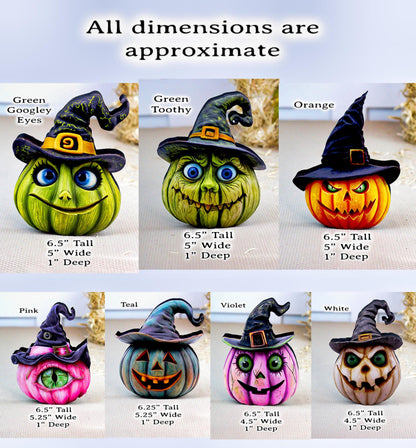 Witch Hats and Pumpkins Shelf Sitters – Set of 7 or Singles, Personalized, Multi-Layer Poplar & Pine Halloween Decor. A whimsical addition