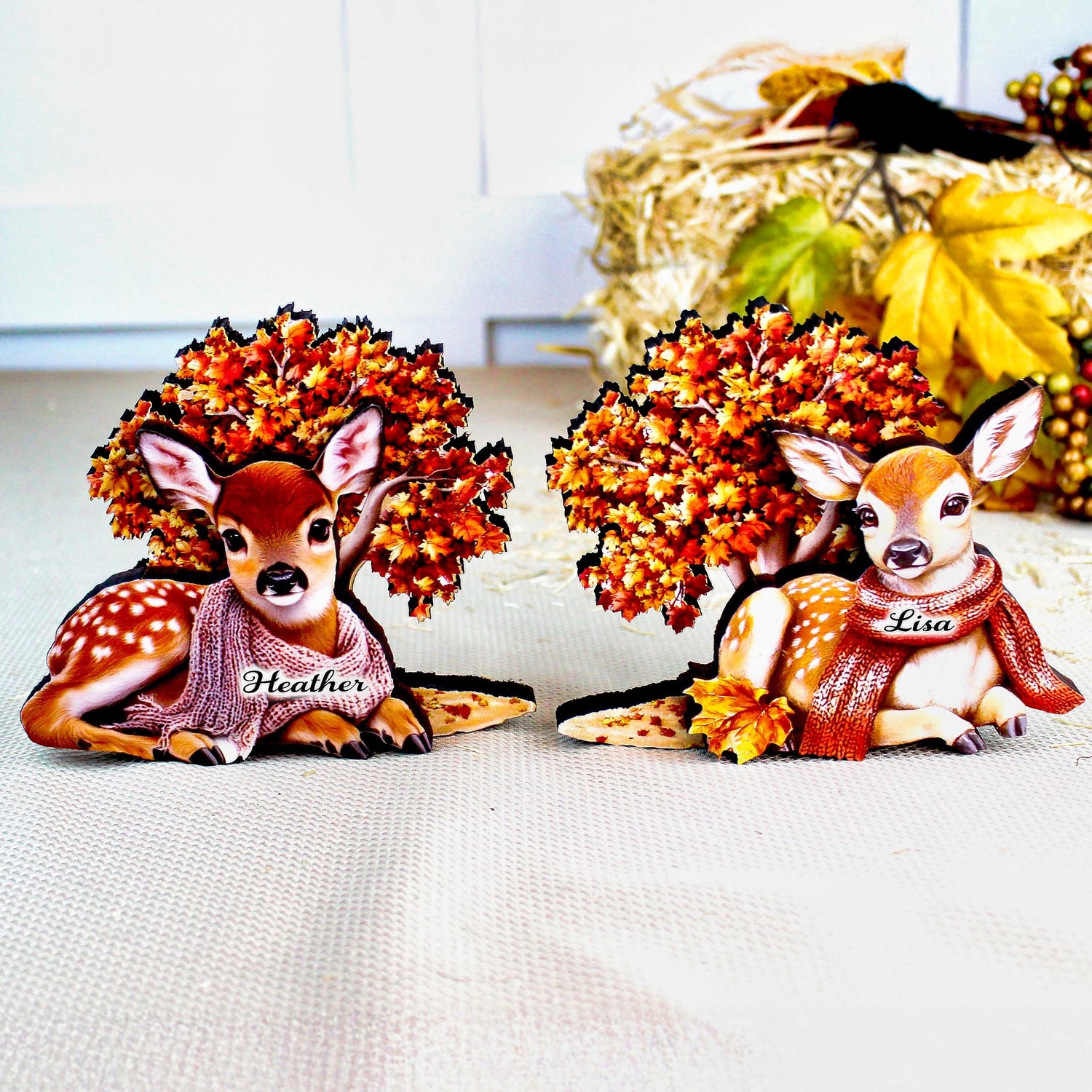 Autumn Deer Shelf Sitters, Set of 2, Can be Personalized, Two Styles, Soft Woodland Charm For Cozy Fall Days, Sweet Fawns In Scarves