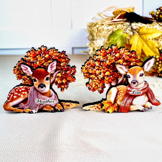 Autumn Deer Shelf Sitters, Set of 2, Can be Personalized, Two Styles, Soft Woodland Charm For Cozy Fall Days, Sweet Fawns In Scarves