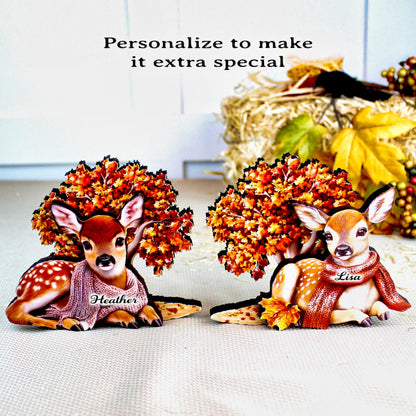 Autumn Deer Shelf Sitters, Set of 2, Can be Personalized, Two Styles, Soft Woodland Charm For Cozy Fall Days, Sweet Fawns In Scarves