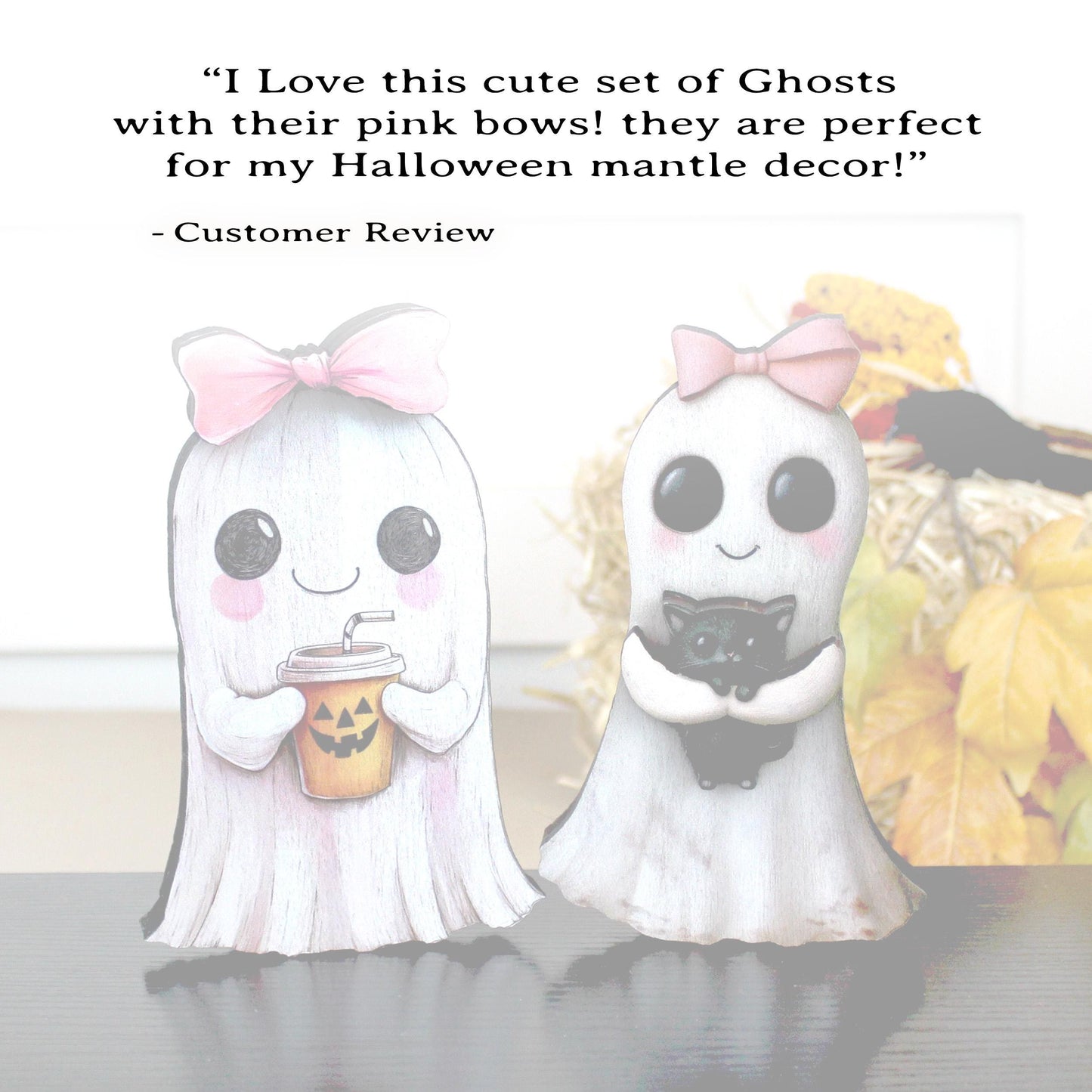 Ghost Shelf Sitters – Personalized Girl Ghosts with Pink Bows, UV-Printed Poplar Wood Halloween Decor, Sweetly Spooky & Irresistibly Cute