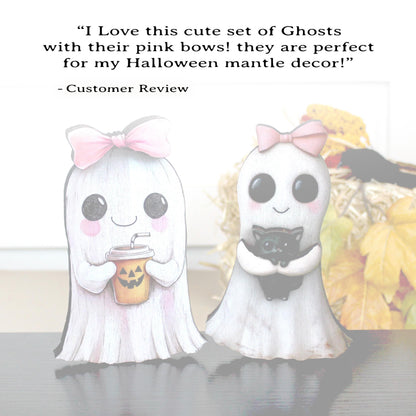 Ghost Shelf Sitters – Personalized Girl Ghosts with Pink Bows, UV-Printed Poplar Wood Halloween Decor, Sweetly Spooky & Irresistibly Cute
