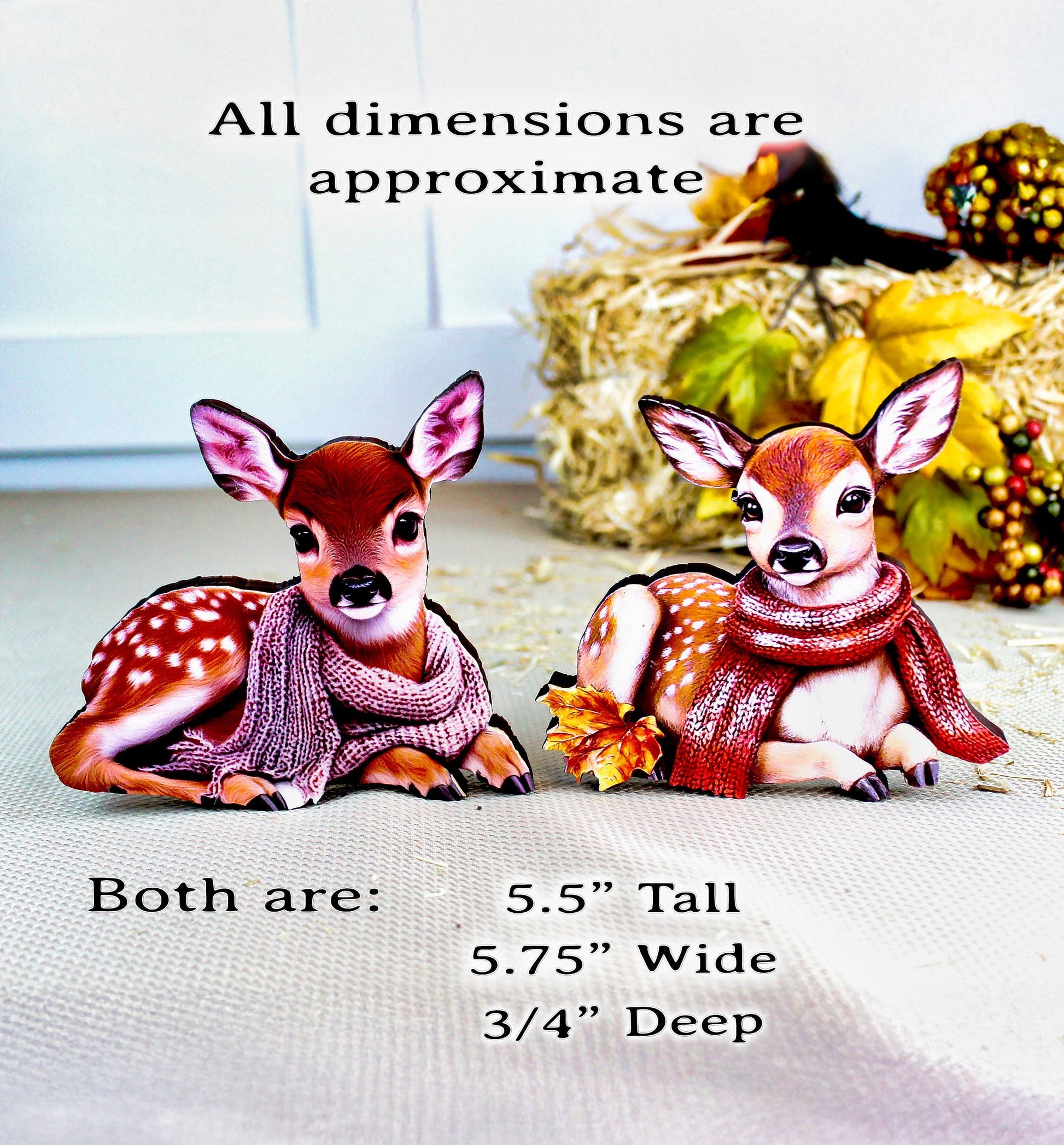 Personalized Baby Deer Shelf Sitters – Custom Unique Pastel Deer with Scarves with Fall Leaves, Whimsy, Warmth, and Charming and Elegant
