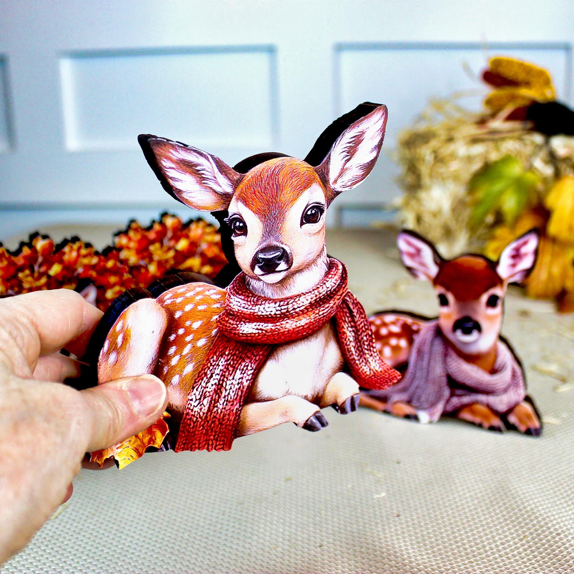 Personalized Baby Deer Shelf Sitters – Custom Unique Pastel Deer with Scarves with Fall Leaves, Whimsy, Warmth, and Charming and Elegant
