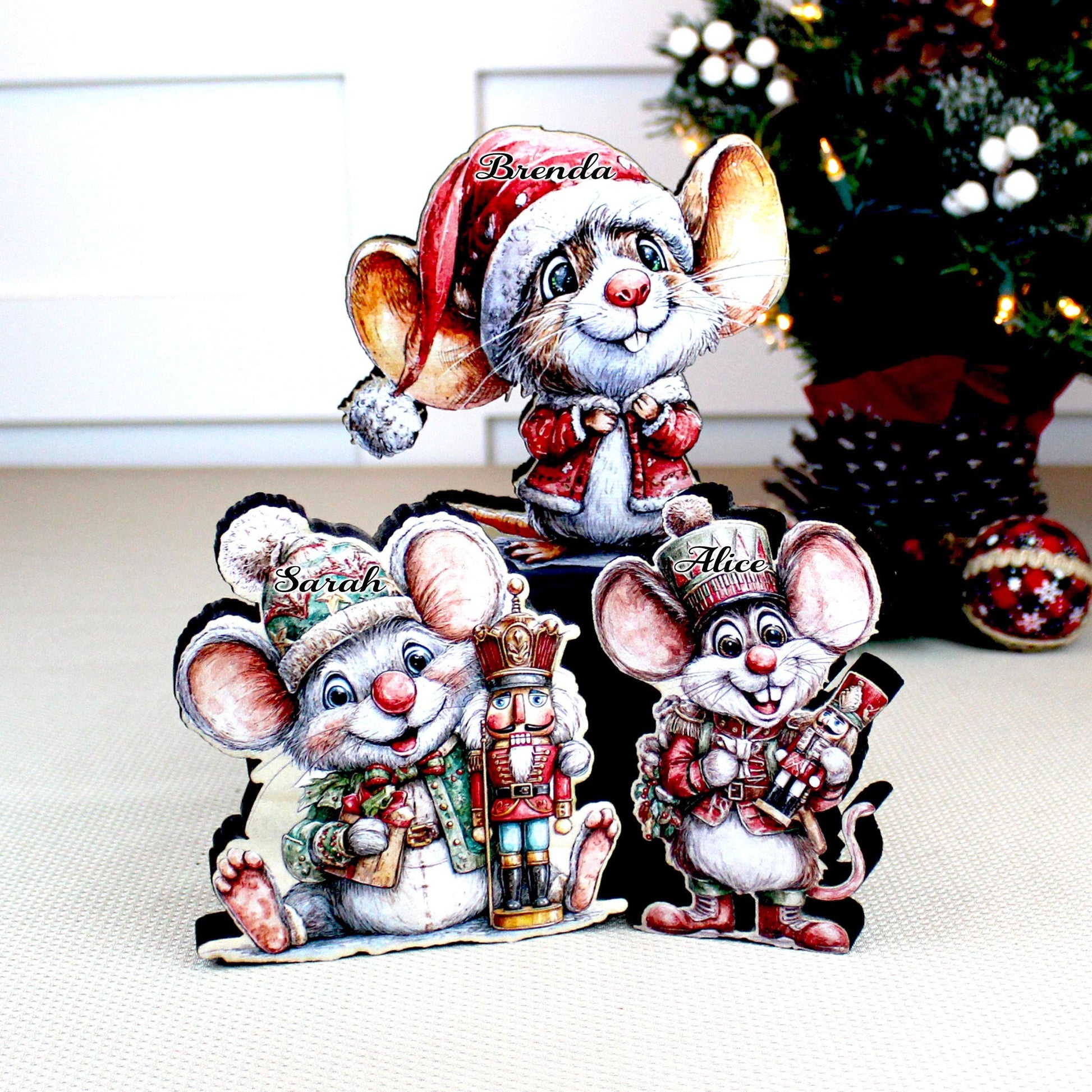 Christmas Mouse Shelf Sitters, Wooden Trio or Singles, Personalized Name, Nutcracker Holiday Mantel Decor. Tiny heroes - big personalities