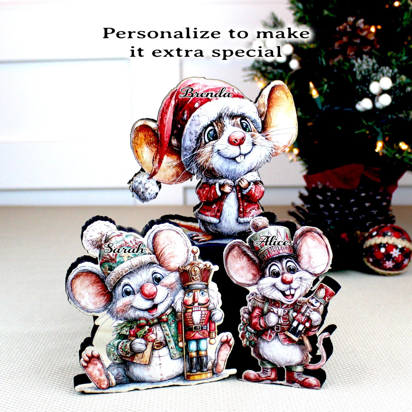 Christmas Mouse Shelf Sitters, Wooden Trio or Singles, Personalized Name, Nutcracker Holiday Mantel Decor. Tiny heroes - big personalities
