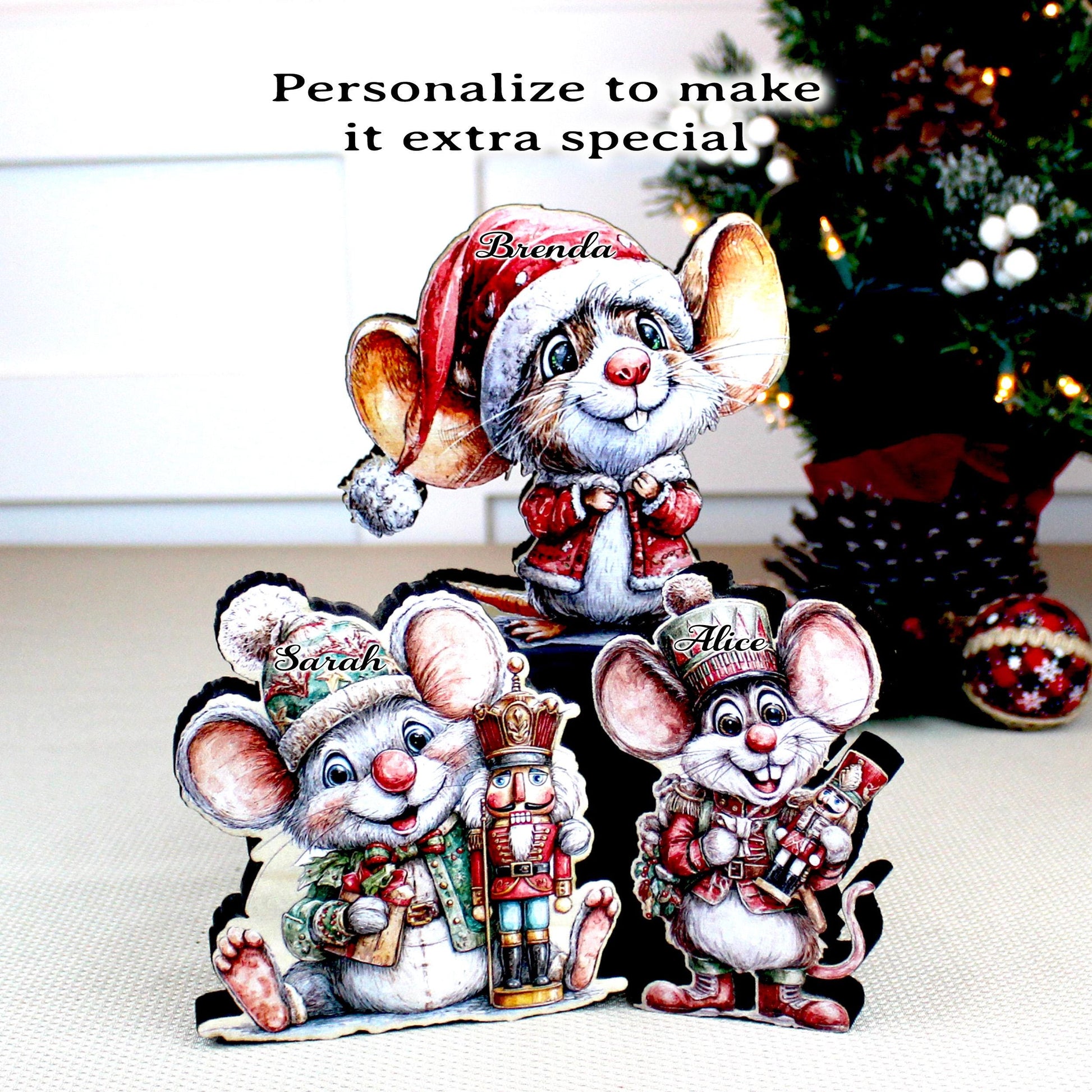 Christmas Mouse Shelf Sitters, Wooden Trio or Singles, Personalized Name, Nutcracker Holiday Mantel Decor. Tiny heroes - big personalities