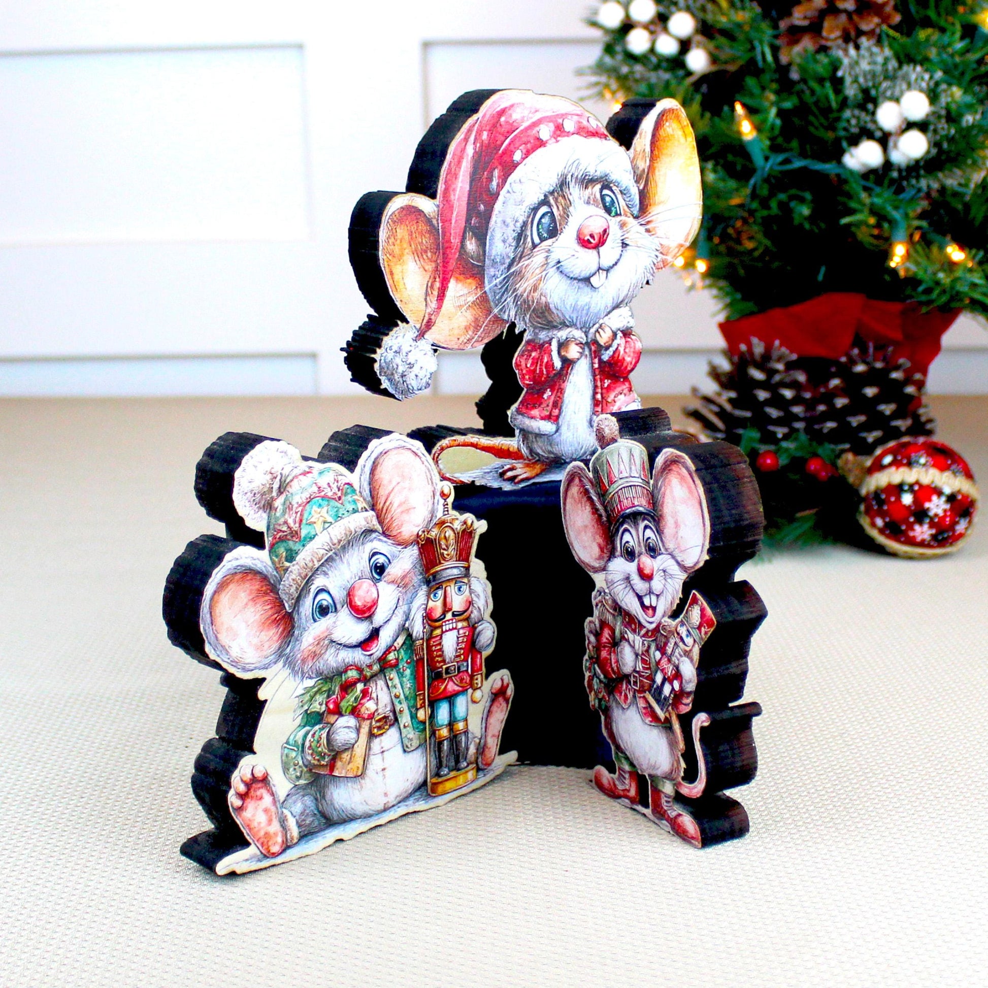 Christmas Mouse Shelf Sitters, Wooden Trio or Singles, Personalized Name, Nutcracker Holiday Mantel Decor. Tiny heroes - big personalities