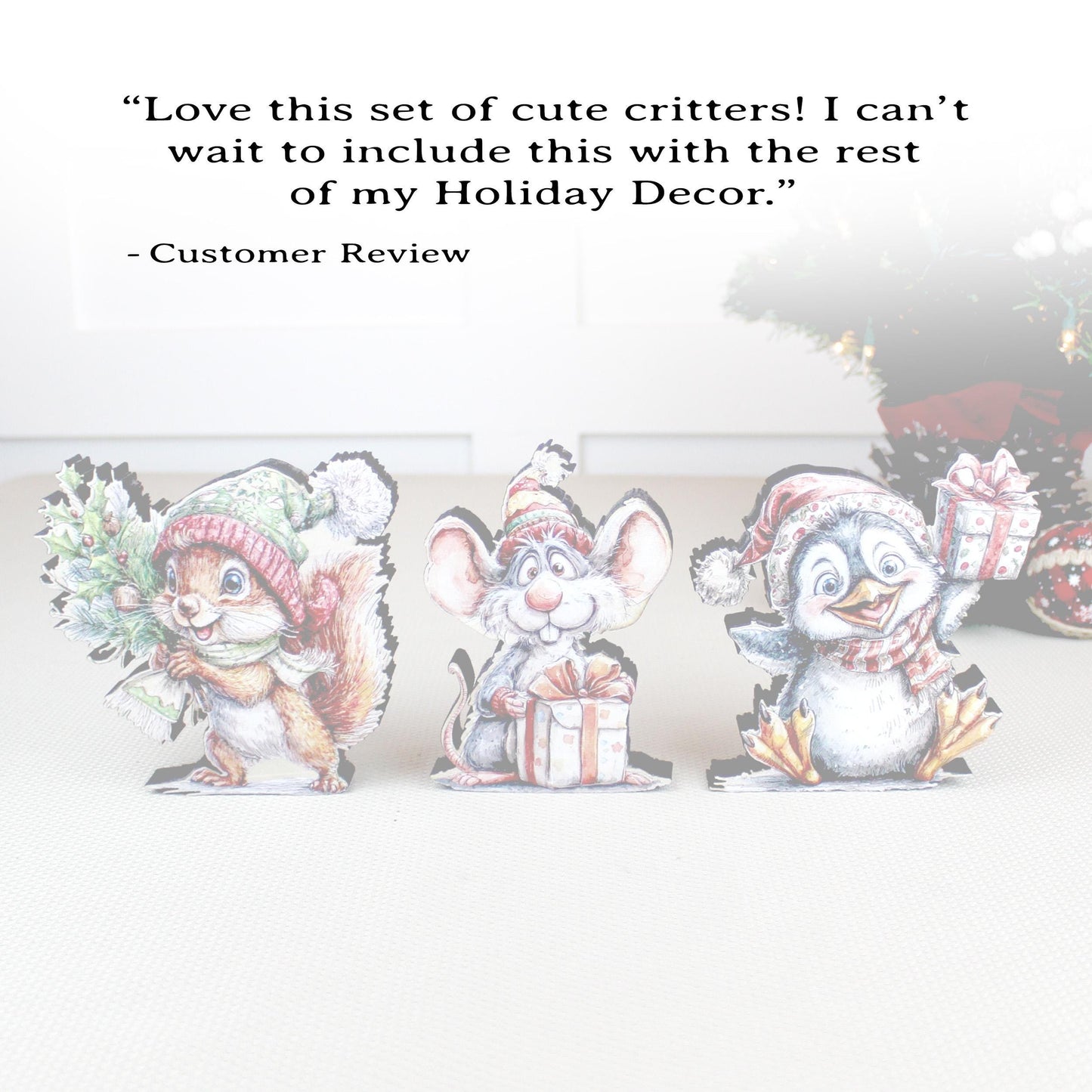 Christmas Shelf Sitters – Set of 3 Baby Critters Squirrel, Penguin & Mouse, Add Your Names, Holiday Mantel Decor. Whimsy that warms the room