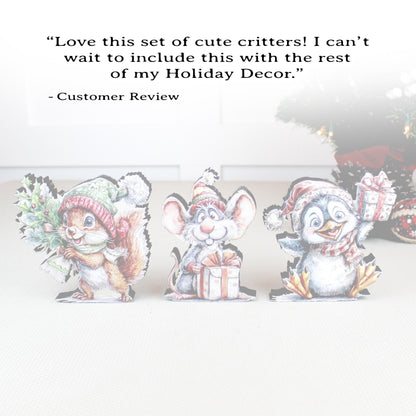 Christmas Shelf Sitters – Set of 3 Baby Critters Squirrel, Penguin & Mouse, Add Your Names, Holiday Mantel Decor. Whimsy that warms the room