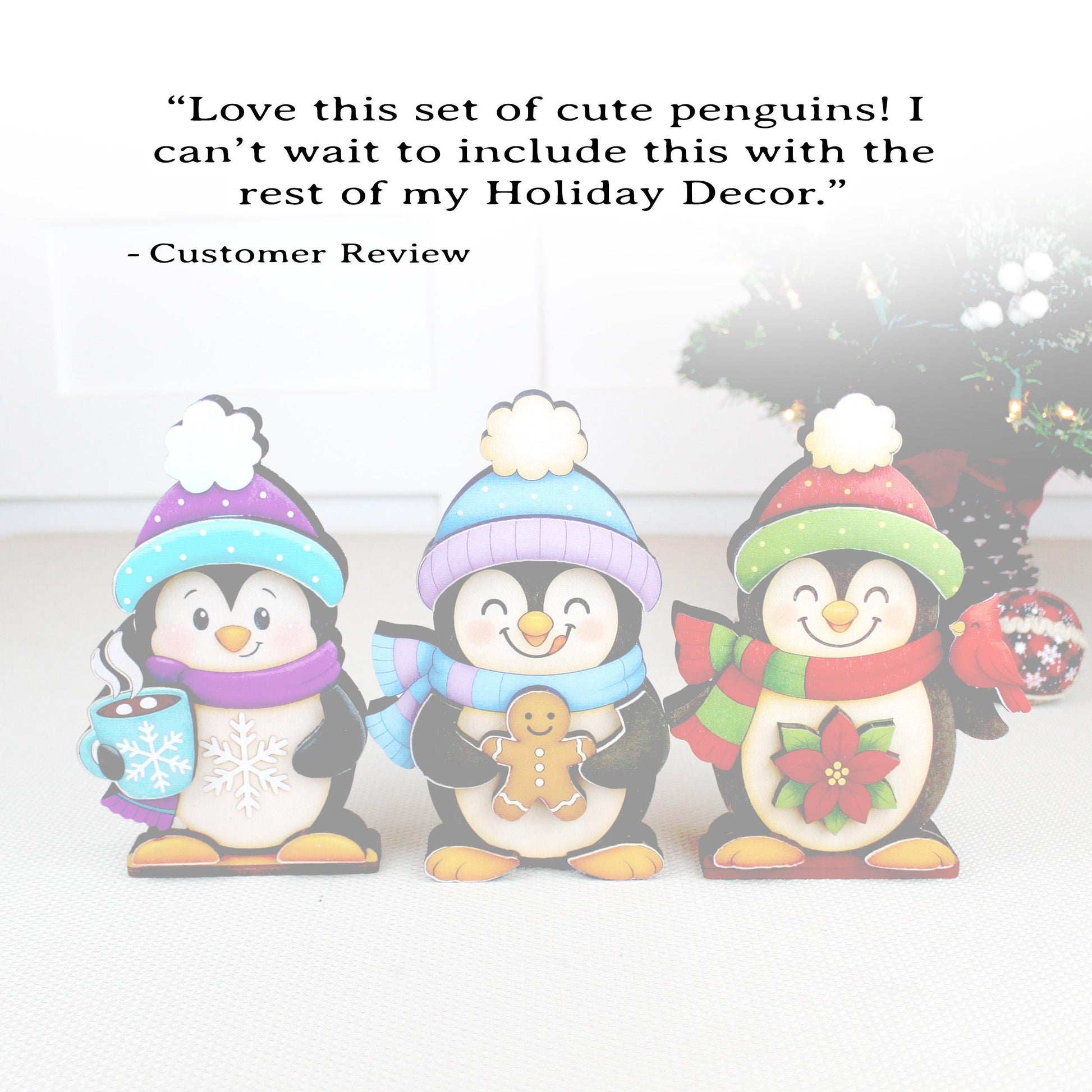 Christmas Penguin Shelf Sitters – Set of 3, Single or Multi-Layer, Personalized Names, Holiday Mantel Decor, Three Waddlers = Winter Joy