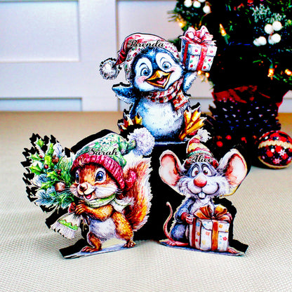 Christmas Shelf Sitters – Set of 3 Baby Critters Squirrel, Penguin & Mouse, Add Your Names, Holiday Mantel Decor. Whimsy that warms the room
