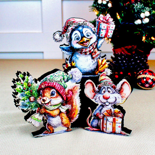 Christmas Shelf Sitters – Set of 3 Baby Critters Squirrel, Penguin & Mouse, Add Your Names, Holiday Mantel Decor. Whimsy that warms the room