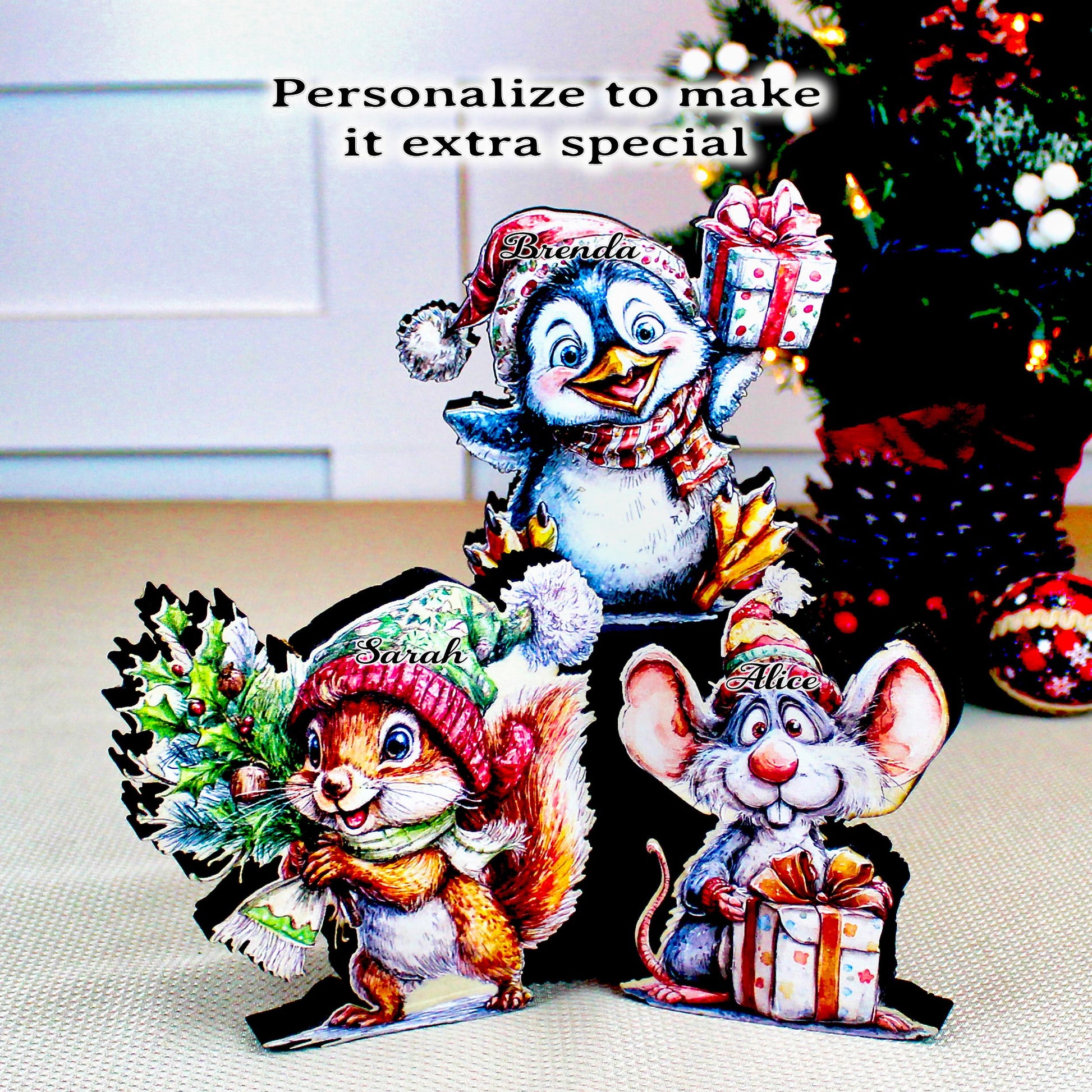Christmas Shelf Sitters – Set of 3 Baby Critters Squirrel, Penguin & Mouse, Add Your Names, Holiday Mantel Decor. Whimsy that warms the room
