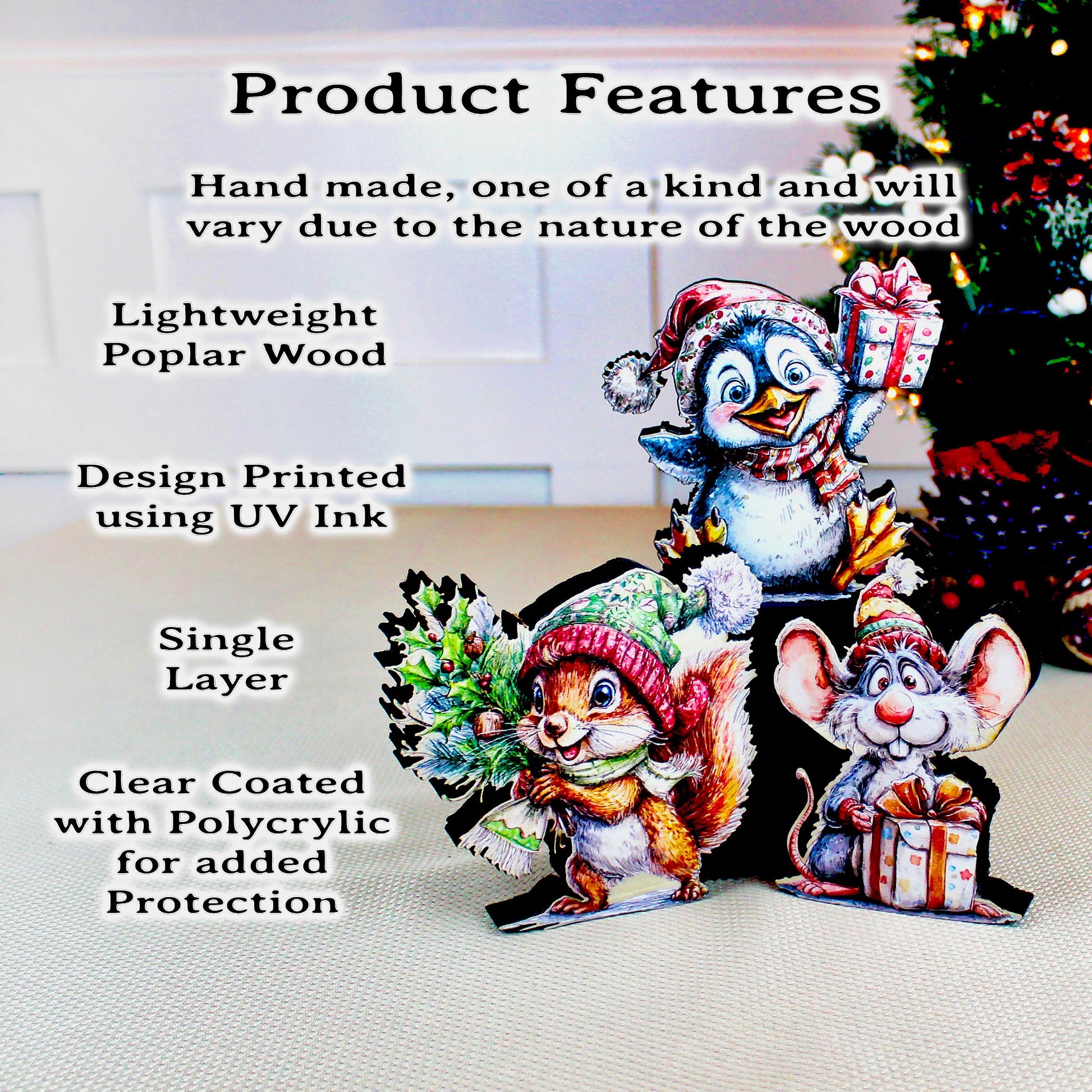 Christmas Shelf Sitters – Set of 3 Baby Critters Squirrel, Penguin & Mouse, Add Your Names, Holiday Mantel Decor. Whimsy that warms the room