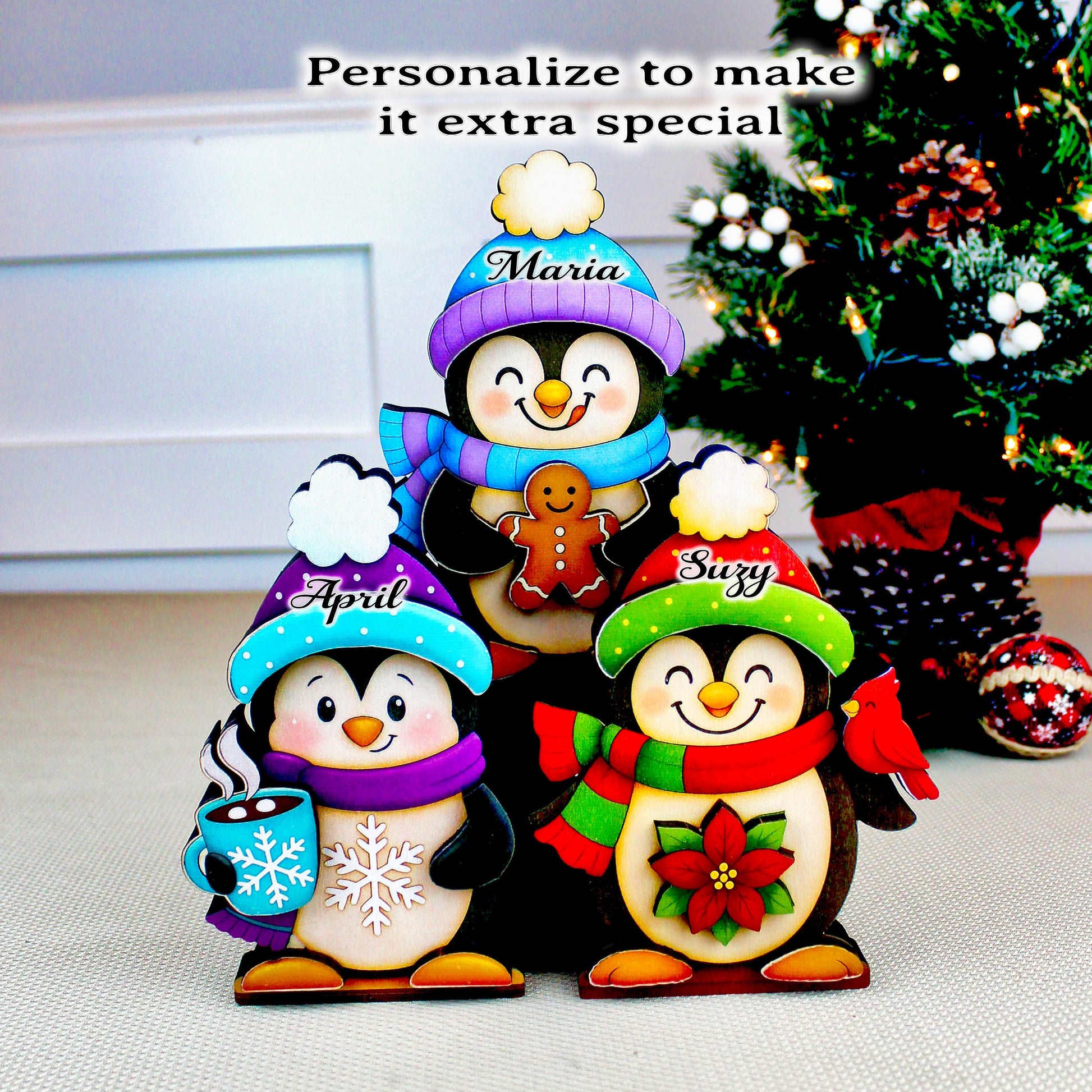 Christmas Penguin Shelf Sitters – Set of 3, Single or Multi-Layer, Personalized Names, Holiday Mantel Decor, Three Waddlers = Winter Joy