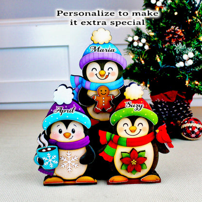 Christmas Penguin Shelf Sitters – Set of 3, Single or Multi-Layer, Personalized Names, Holiday Mantel Decor, Three Waddlers = Winter Joy