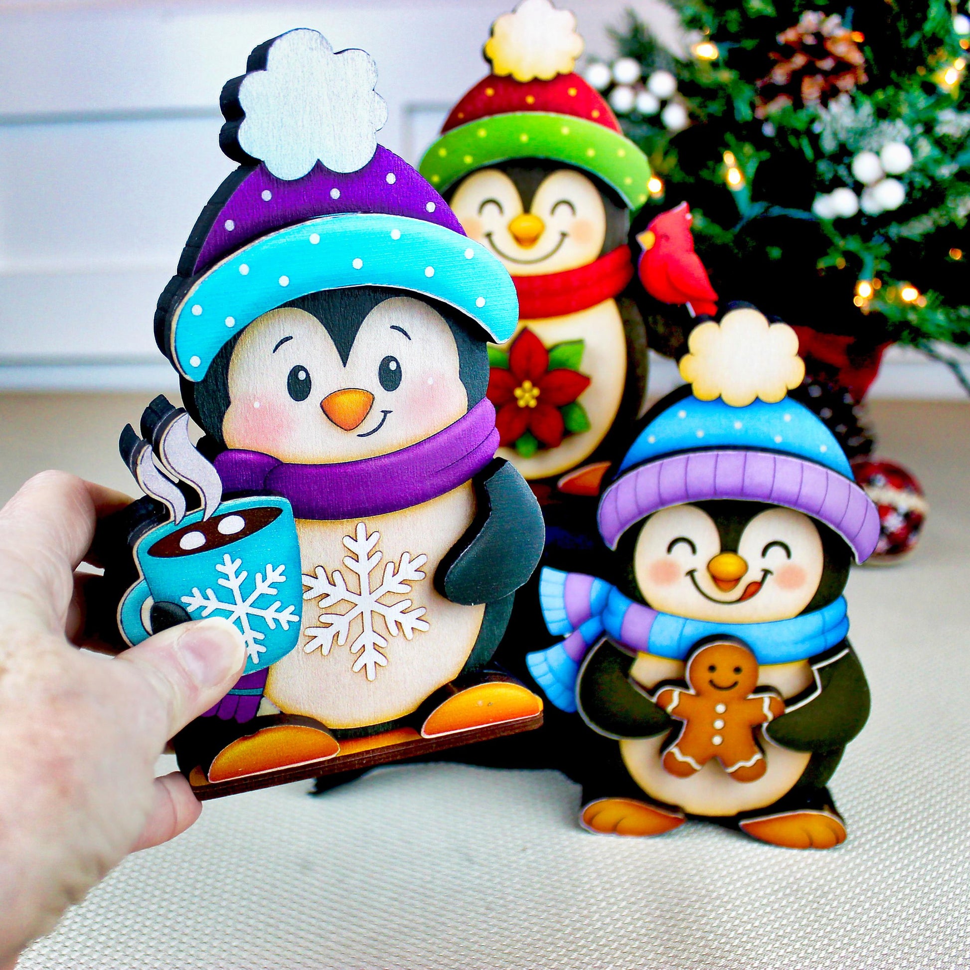 Christmas Penguin Shelf Sitters – Set of 3, Single or Multi-Layer, Personalized Names, Holiday Mantel Decor, Three Waddlers = Winter Joy