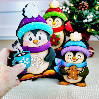 Christmas Penguin Shelf Sitters – Set of 3, Single or Multi-Layer, Personalized Names, Holiday Mantel Decor, Three Waddlers = Winter Joy