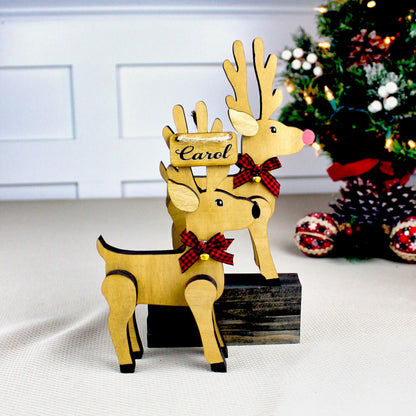 Set of 2 Personalized Wooden Reindeer Shelf Sitters: Buffalo Plaid Bows, Rustic Christmas Decor