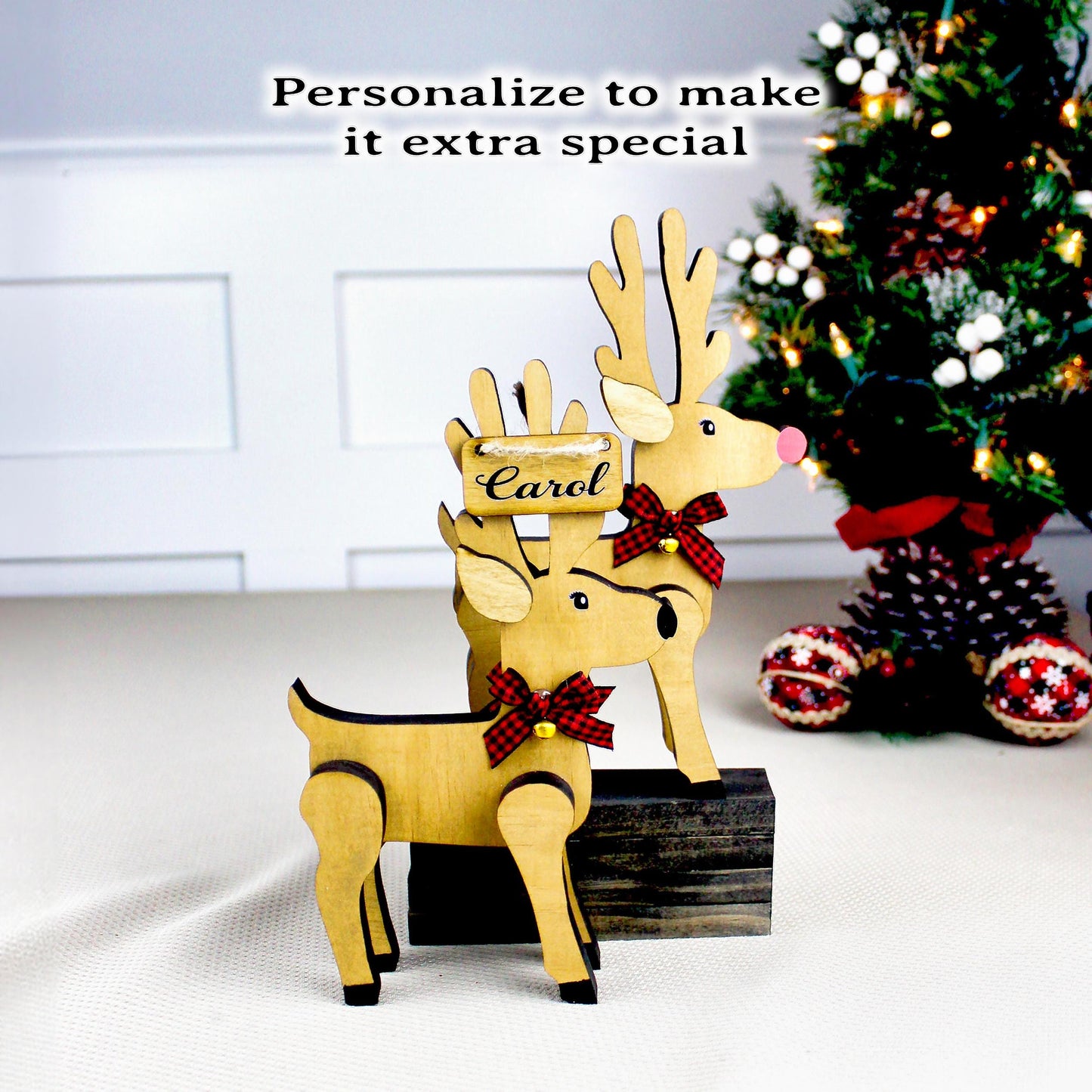 Set of 2 Personalized Wooden Reindeer Shelf Sitters: Buffalo Plaid Bows, Rustic Christmas Decor