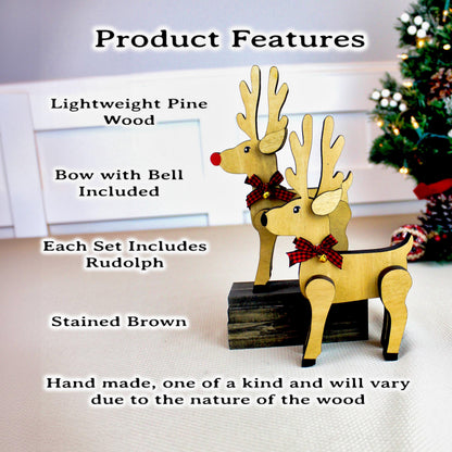 Set of 2 Personalized Wooden Reindeer Shelf Sitters: Buffalo Plaid Bows, Rustic Christmas Decor