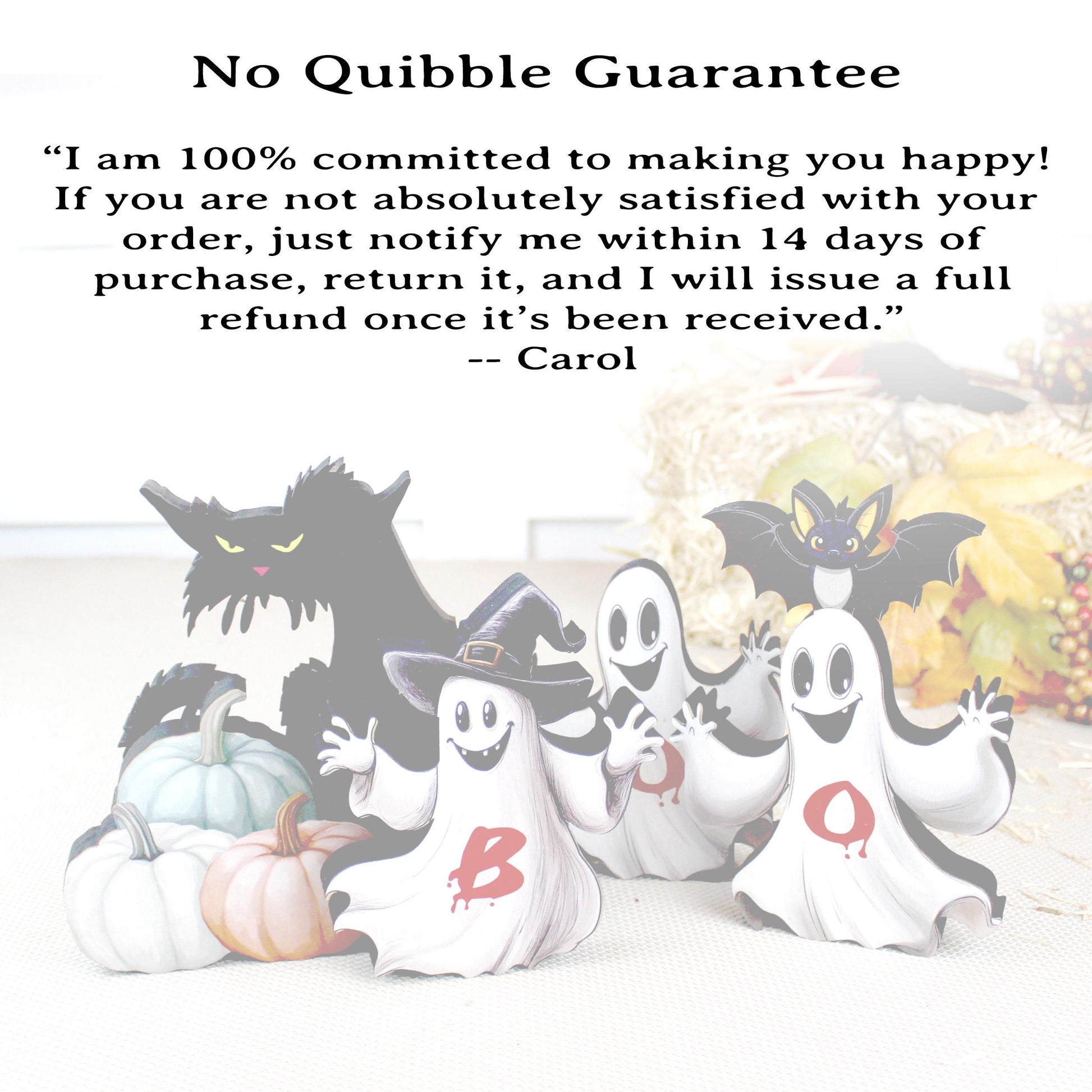 Boo Ghosts Shelf Sitters–Two Styles include 3 Ghosts with Black Cat & Pumpkins, Can Be Personalized, Playfully spooky and perfectly sweet