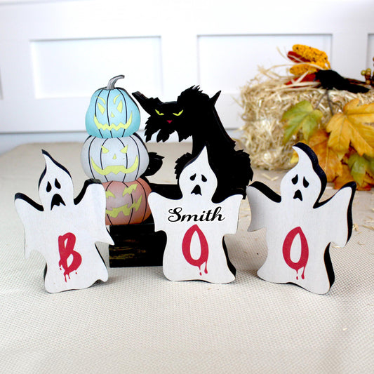 Rustic Halloween Shelf Decor – Handcrafted Wooden Pumpkins, Ghosts & Black Cat – Modern Farmhouse Mantel Display