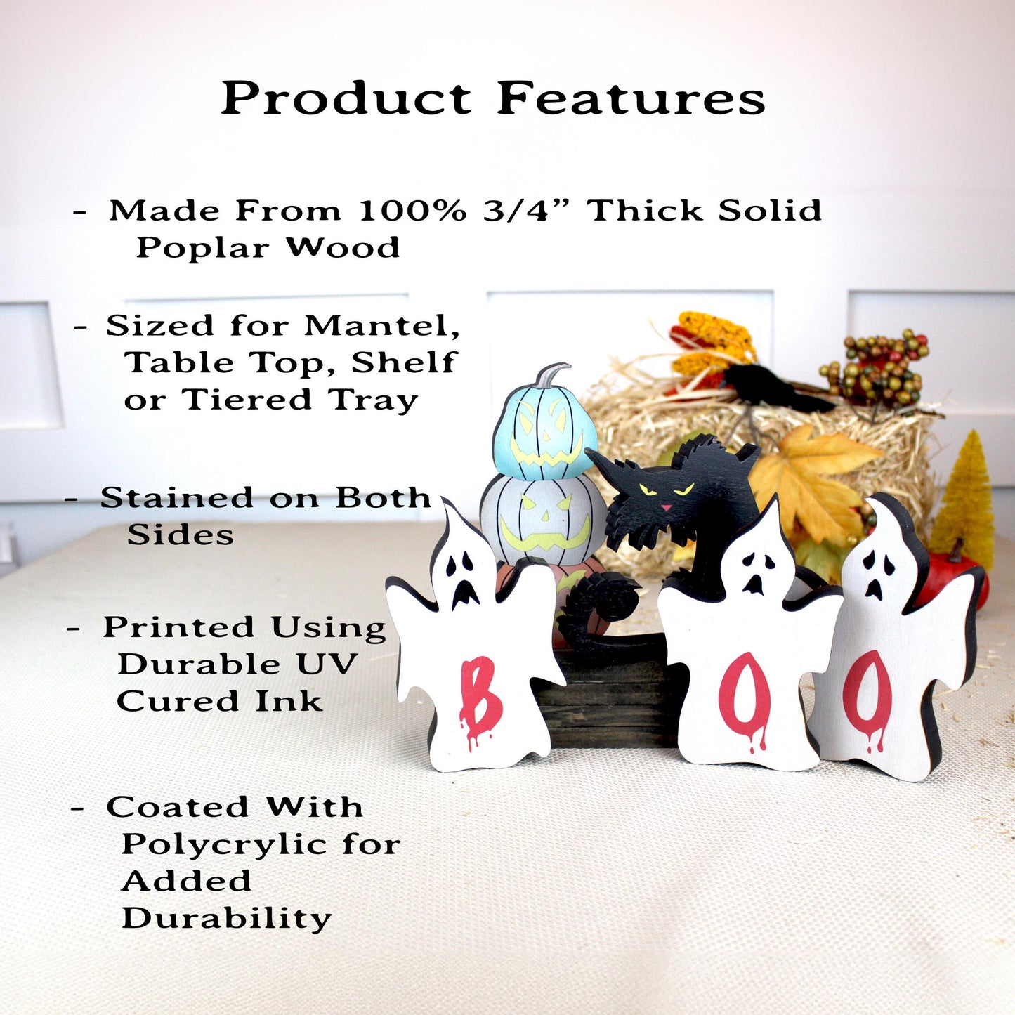 Rustic Halloween Shelf Decor – Handcrafted Wooden Pumpkins, Ghosts & Black Cat – Modern Farmhouse Mantel Display