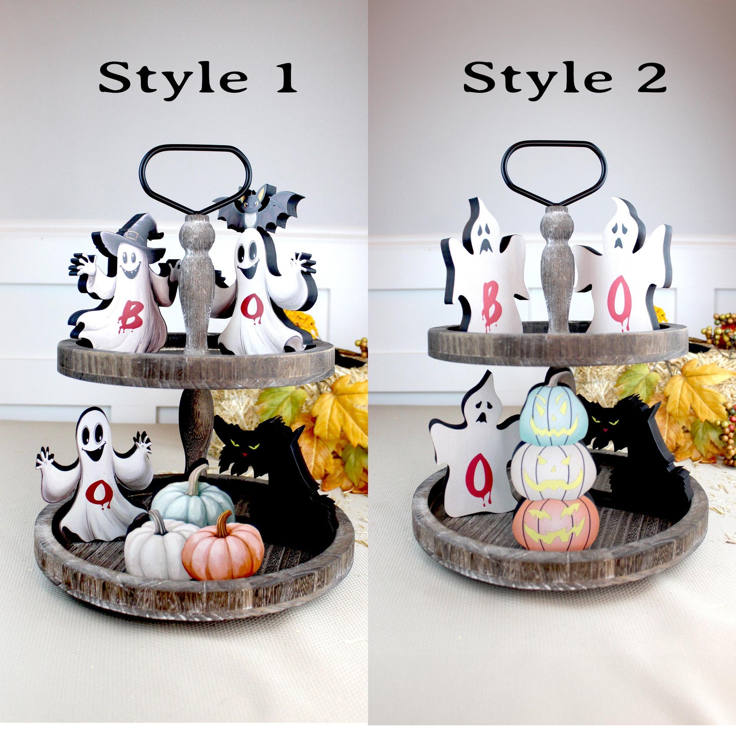 Rustic Halloween Shelf Decor – Handcrafted Wooden Pumpkins, Ghosts & Black Cat – Modern Farmhouse Mantel Display