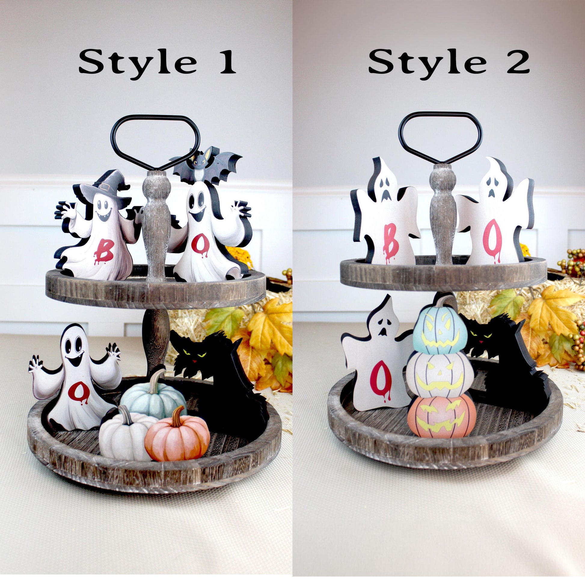 Rustic Halloween Shelf Decor – Handcrafted Wooden Pumpkins, Ghosts & Black Cat – Modern Farmhouse Mantel Display