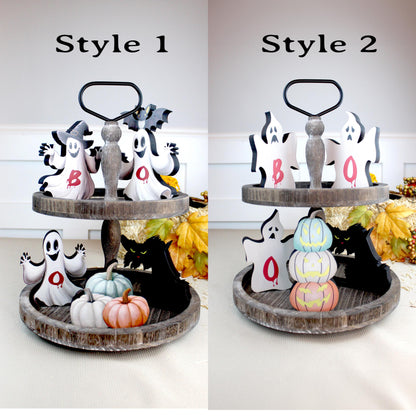 Rustic Halloween Shelf Decor – Handcrafted Wooden Pumpkins, Ghosts & Black Cat – Modern Farmhouse Mantel Display