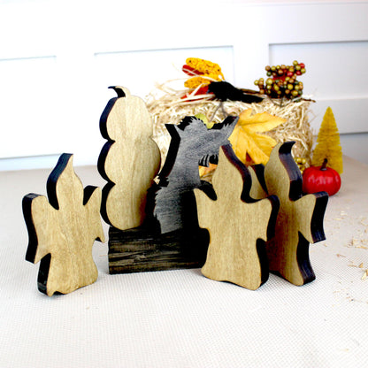 Rustic Halloween Shelf Decor – Handcrafted Wooden Pumpkins, Ghosts & Black Cat – Modern Farmhouse Mantel Display