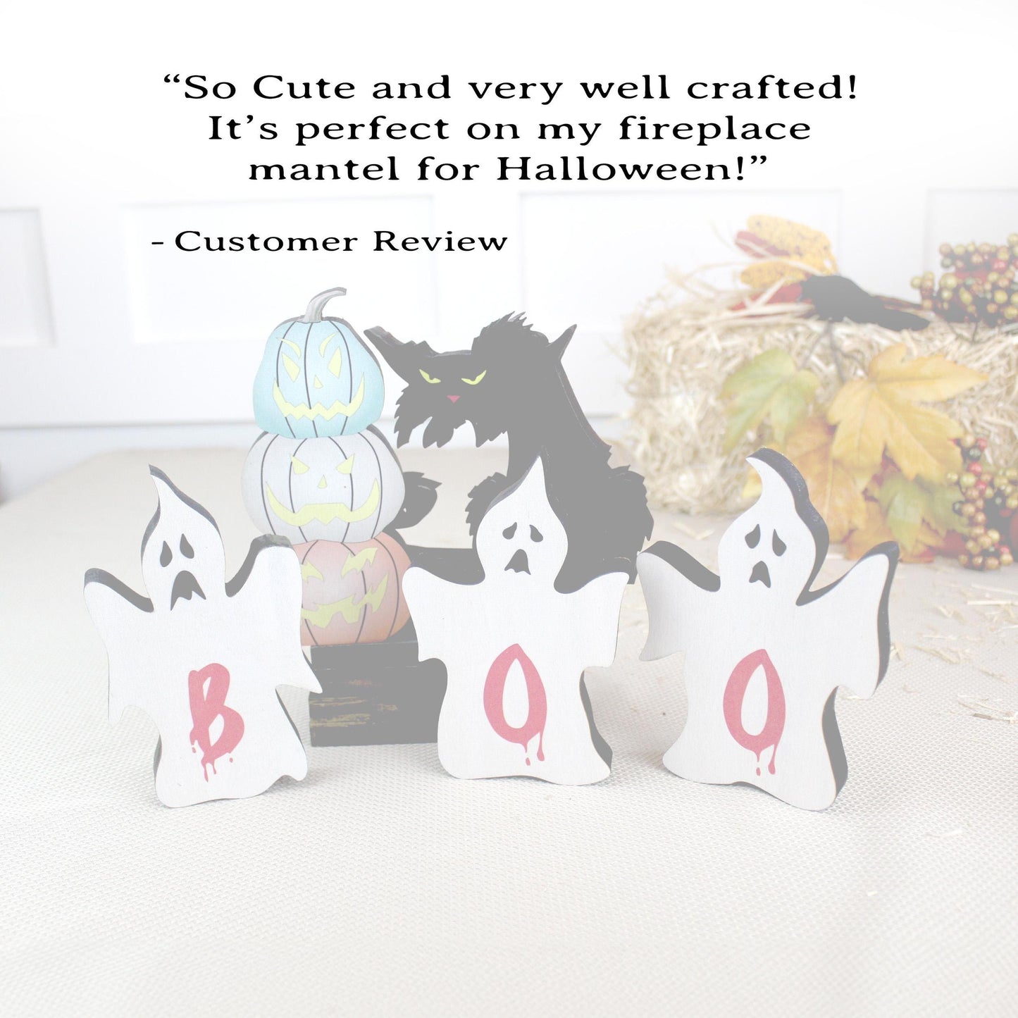 Rustic Halloween Shelf Decor – Handcrafted Wooden Pumpkins, Ghosts & Black Cat – Modern Farmhouse Mantel Display