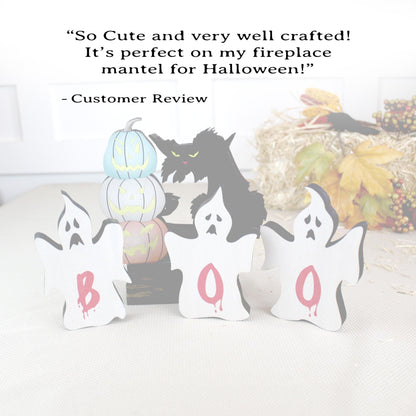 Rustic Halloween Shelf Decor – Handcrafted Wooden Pumpkins, Ghosts & Black Cat – Modern Farmhouse Mantel Display