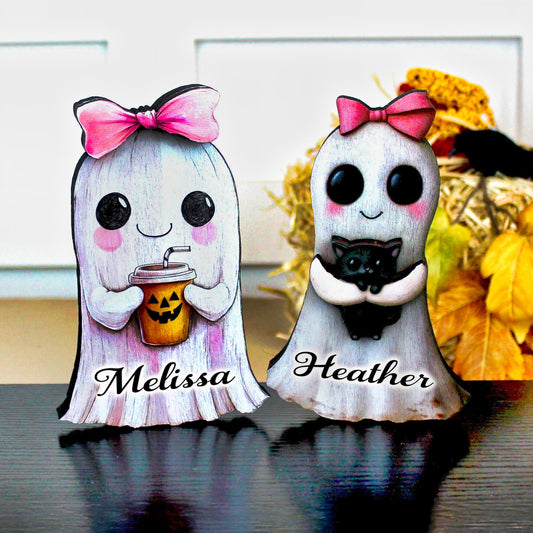 Ghost Shelf Sitters – Personalized Girl Ghosts with Pink Bows, UV-Printed Poplar Wood Halloween Decor, Sweetly Spooky & Irresistibly Cute