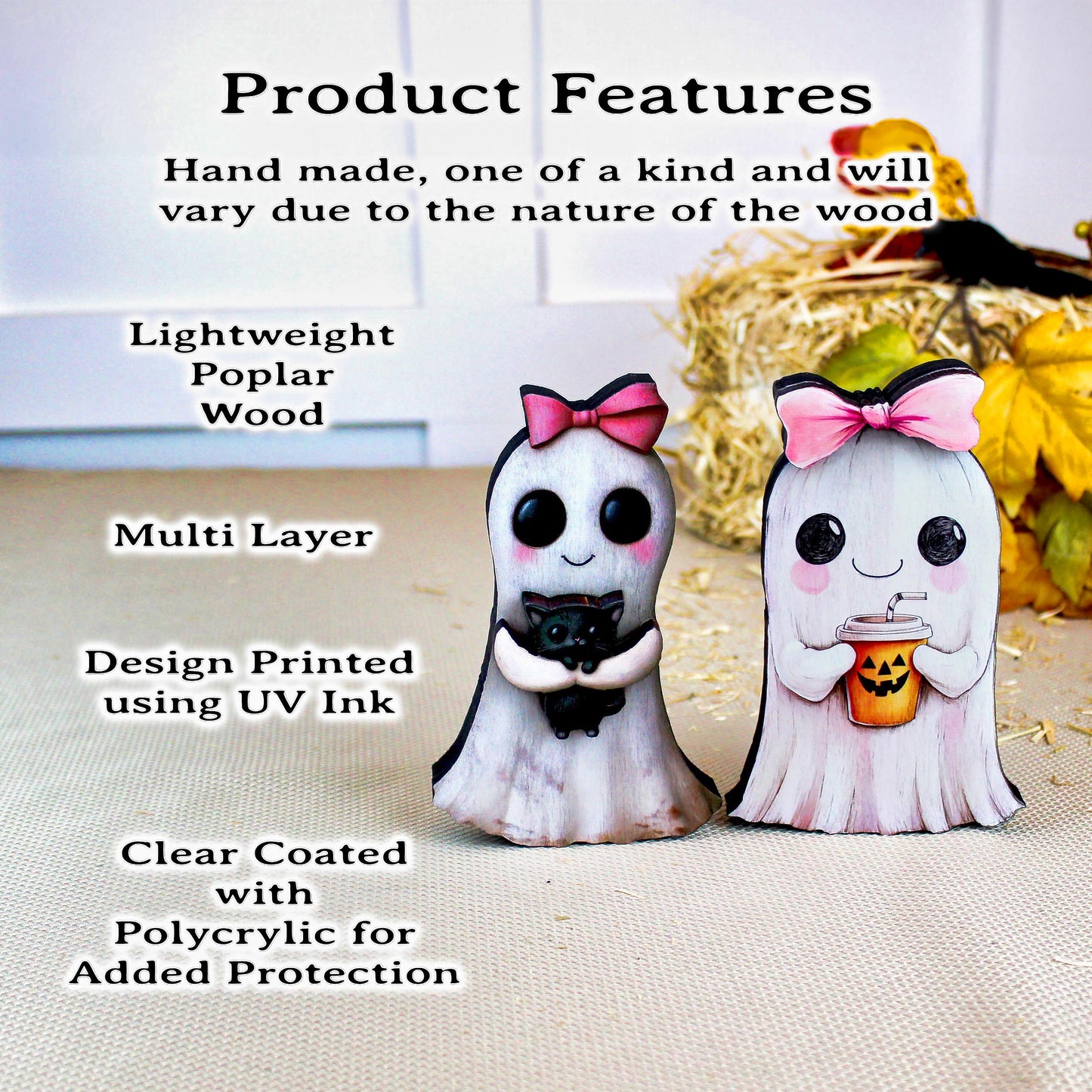 Ghost Shelf Sitters – Personalized Girl Ghosts with Pink Bows, UV-Printed Poplar Wood Halloween Decor, Sweetly Spooky & Irresistibly Cute