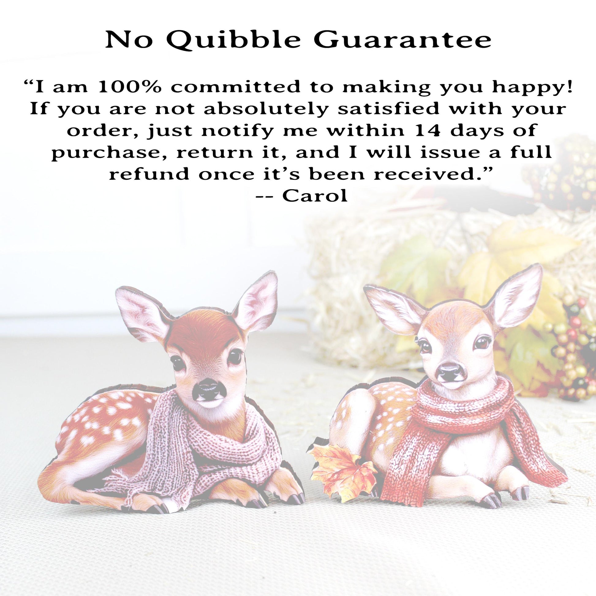 Personalized Baby Deer Shelf Sitters – Custom Unique Pastel Deer with Scarves with Fall Leaves, Whimsy, Warmth, and Charming and Elegant