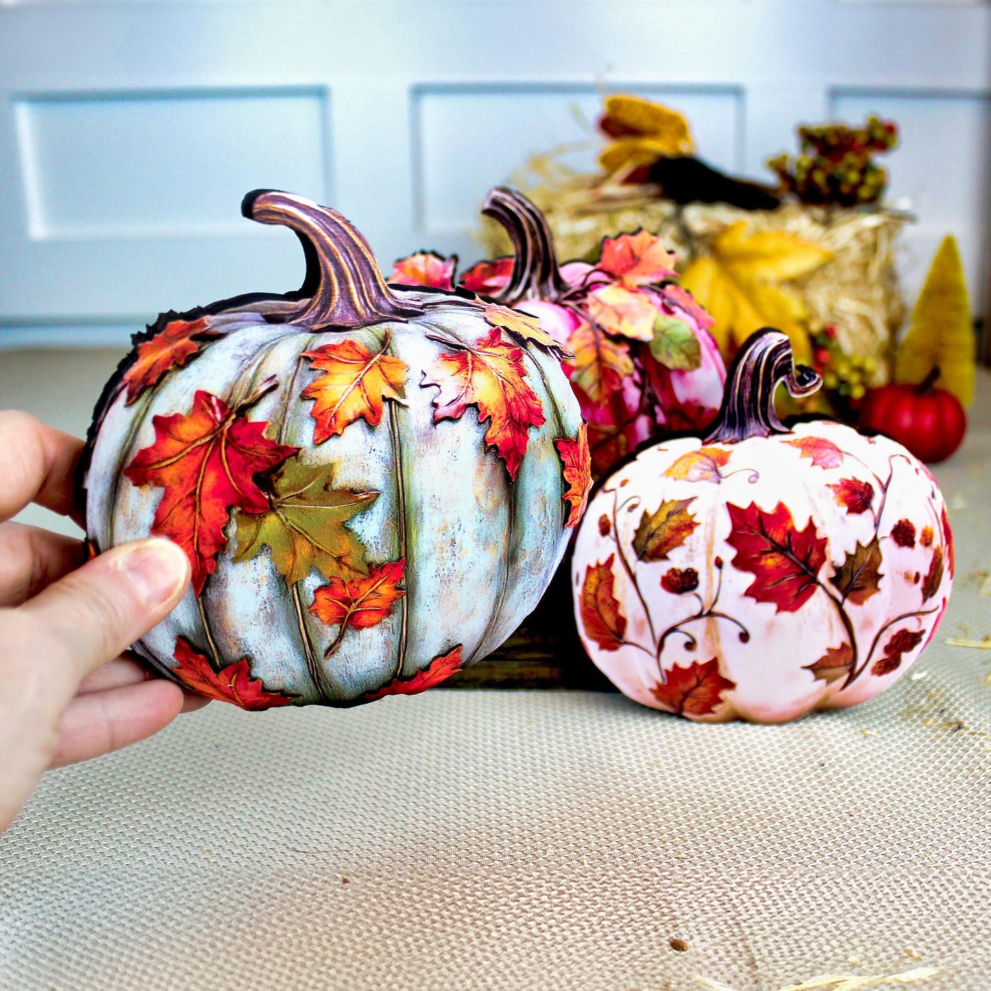Personalized Fall Pumpkin Shelf Sitters Set of 3 – Custom Unique Pastel Pumpkins with Fall Leaves, A cozy trio that whispers “welcome fall”