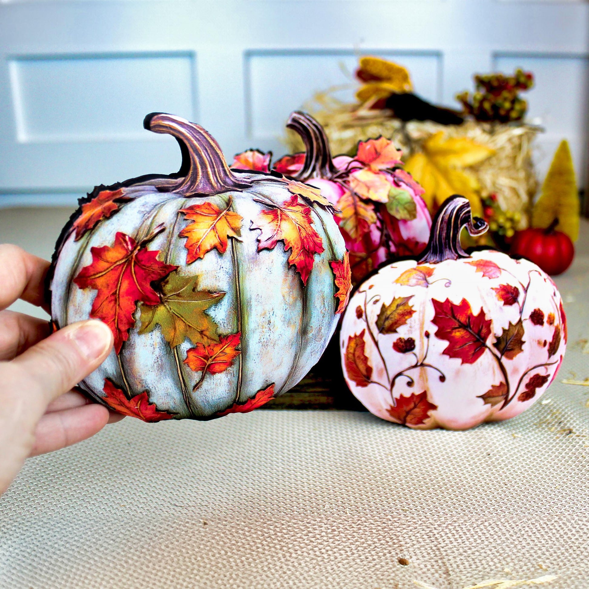 Personalized Fall Pumpkin Shelf Sitters Set of 3 – Custom Unique Pastel Pumpkins with Fall Leaves, A cozy trio that whispers “welcome fall”