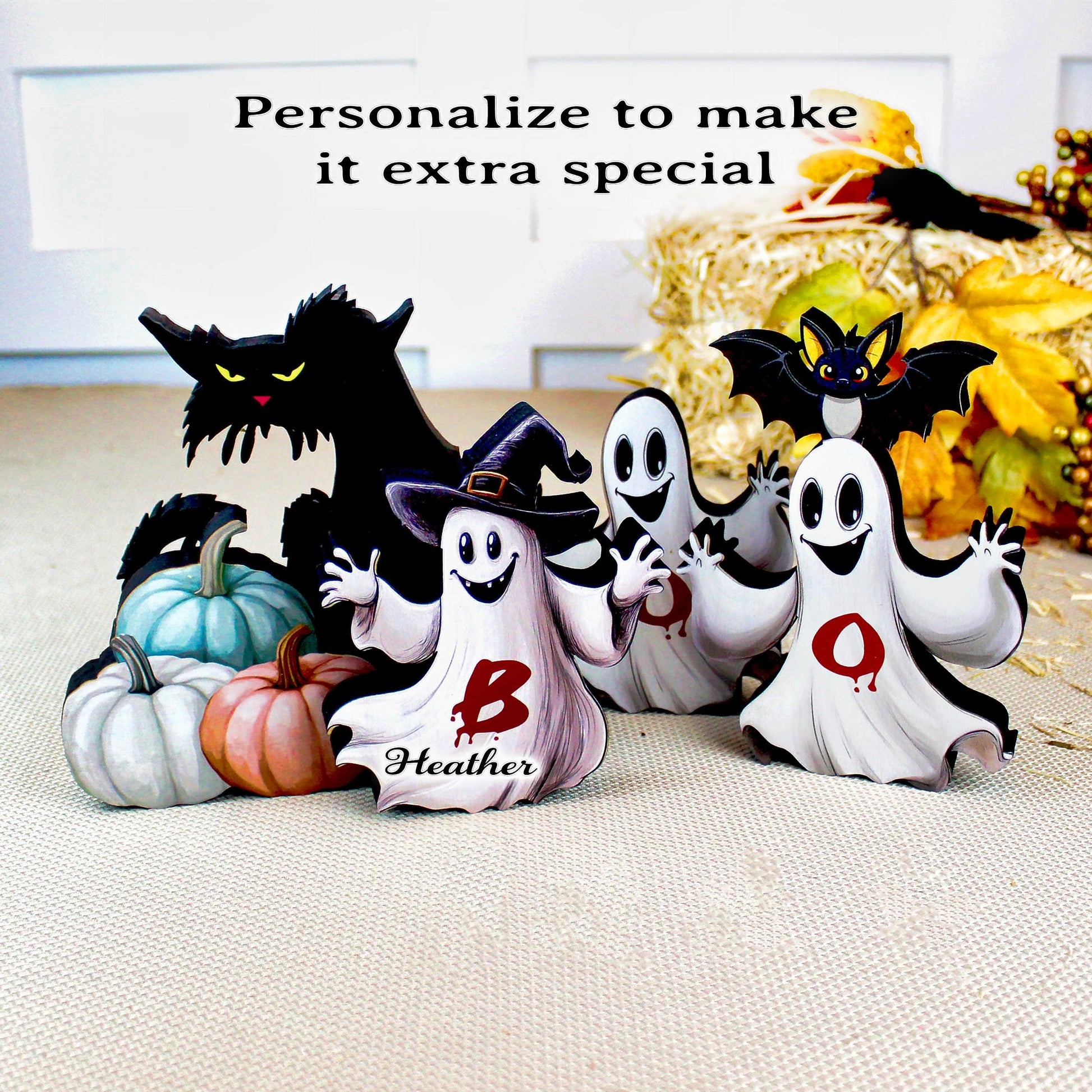 Boo Ghosts Shelf Sitters–Two Styles include 3 Ghosts with Black Cat & Pumpkins, Can Be Personalized, Playfully spooky and perfectly sweet