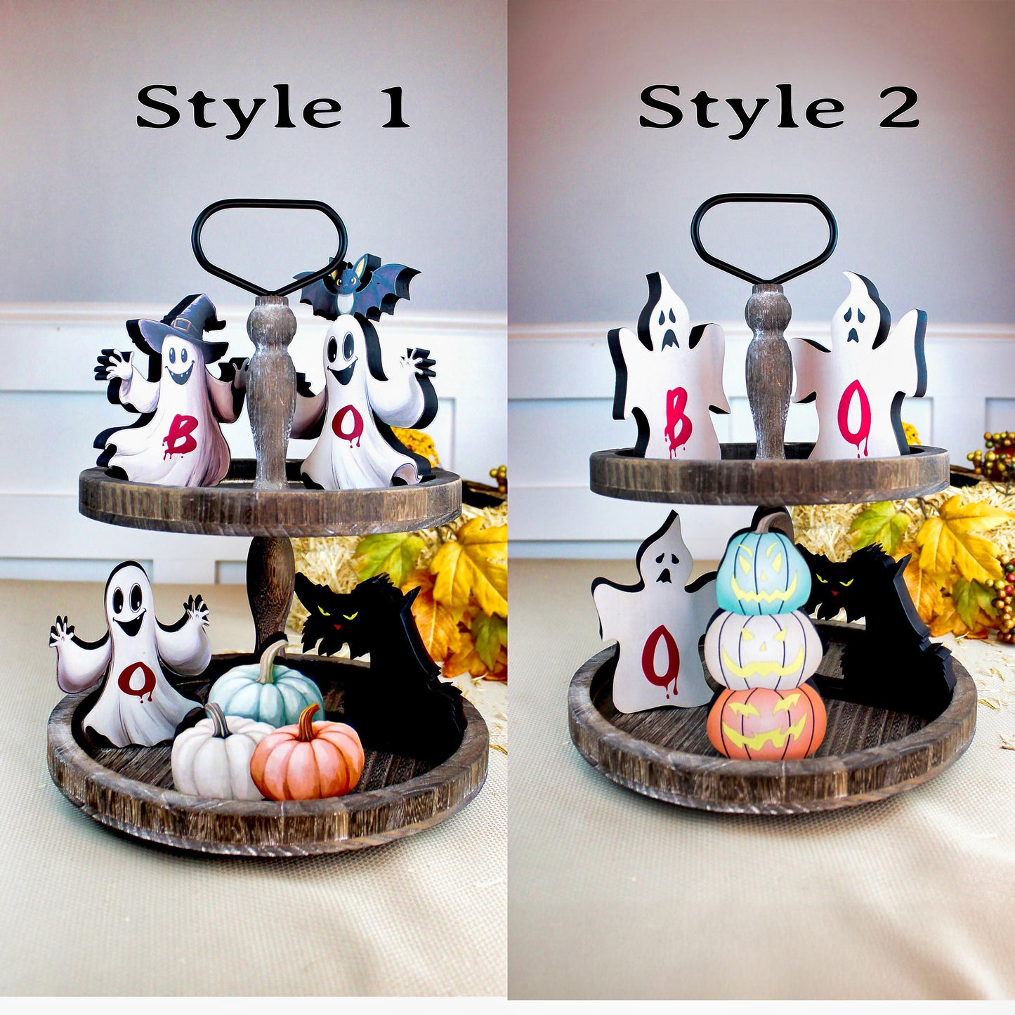 Boo Ghosts Shelf Sitters–Two Styles include 3 Ghosts with Black Cat & Pumpkins, Can Be Personalized, Playfully spooky and perfectly sweet