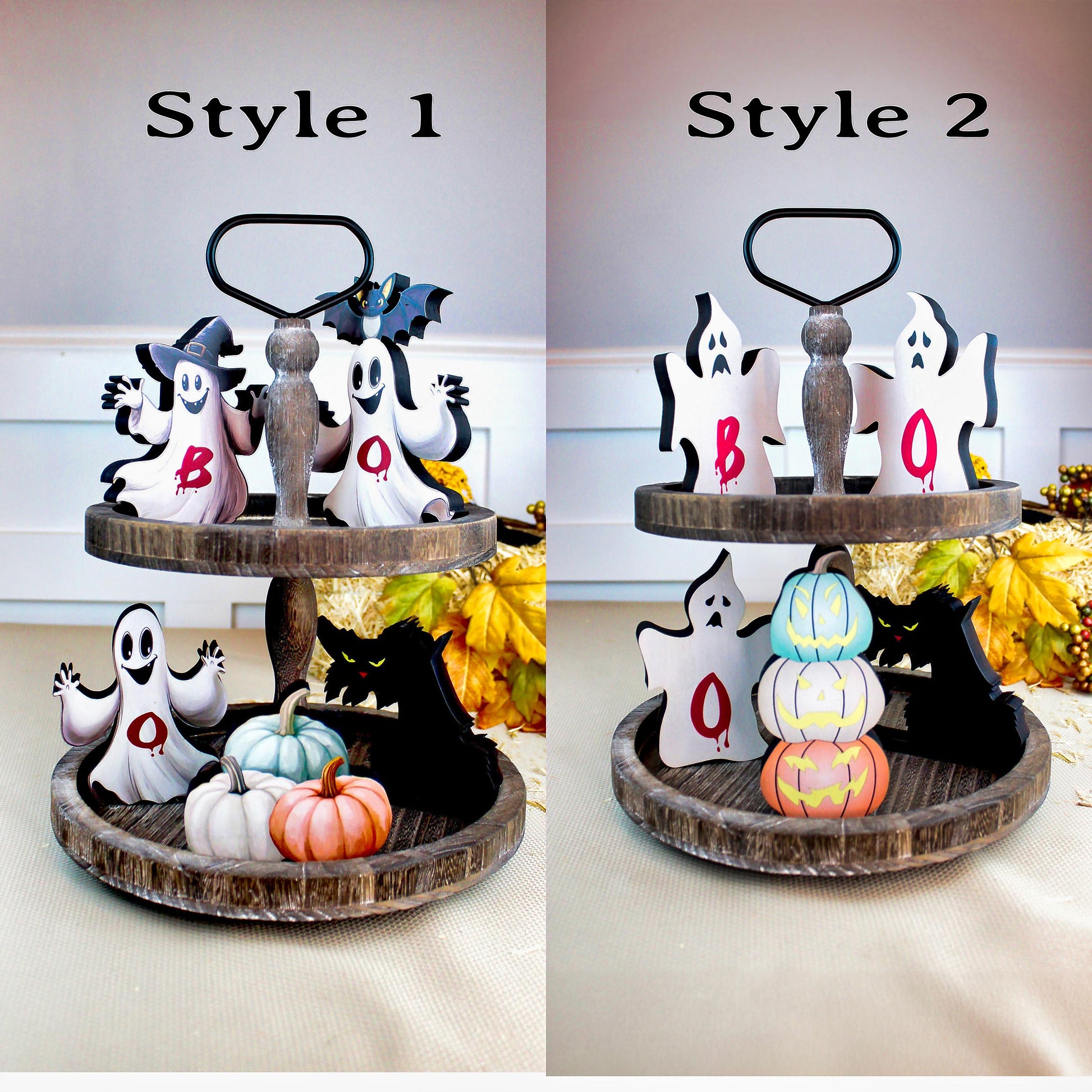 Boo Ghosts Shelf Sitters–Two Styles include 3 Ghosts with Black Cat & Pumpkins, Can Be Personalized, Playfully spooky and perfectly sweet